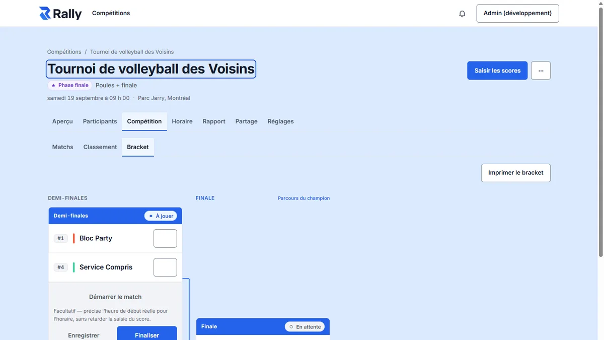 Section Bracket dans Rally : les deux demi-finales et la finale, avec le bouton Imprimer le bracket.
