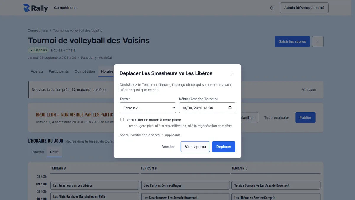 Modale Déplacer de Rally : choix du terrain et de l’heure, case de verrouillage, et l’aperçu vérifié par le serveur marqué applicable.
