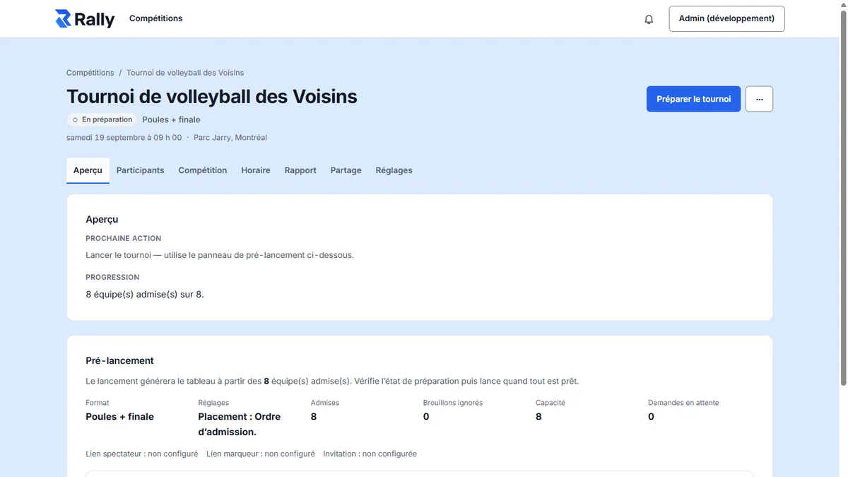 Résumé avant lancement dans Rally : « 8 équipes admises sur 8 » et l’état PRÊT.