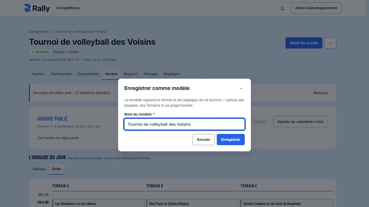 Modale « Enregistrer comme modèle » sur un tournoi terminé dans Rally.