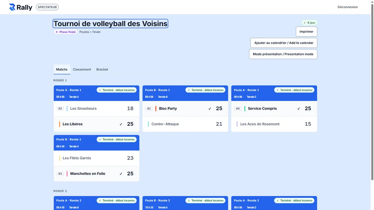 Vue spectateur de Rally : matchs terminés avec leurs scores, et les boutons Imprimer, Ajouter au calendrier et Mode présentation.